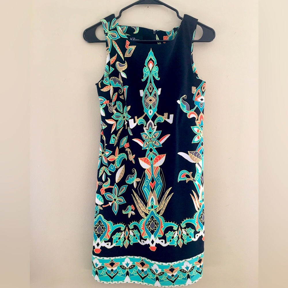 AGB Dress, Size 6, Stunning black, aqua/teal and orange and white dress